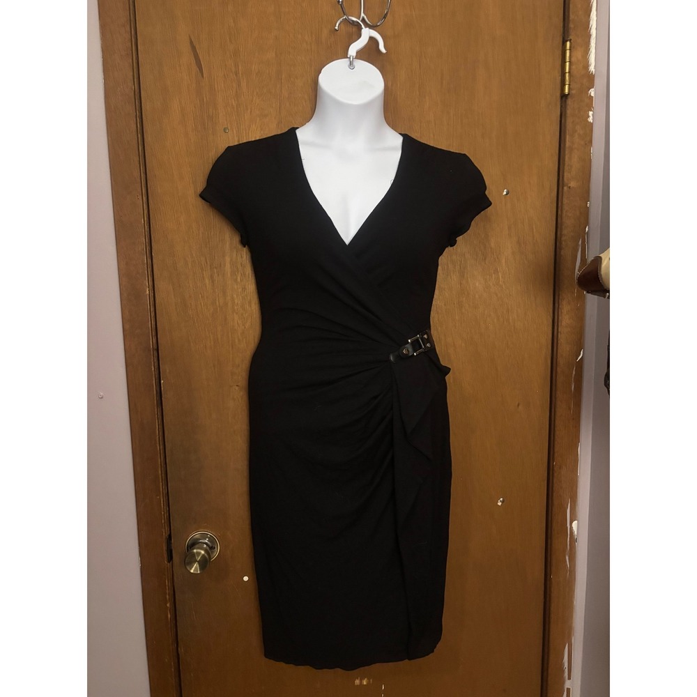 Vintage Cache Black Wrap V Neck Sheath Dress with Buckle Detail Size M